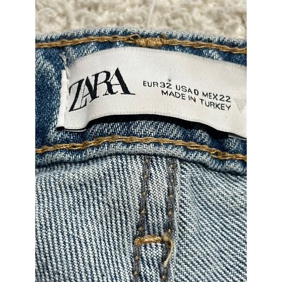 Zara Womens 0 Frayed Hem Jeans Blue Ripped Straight Leg High Rise Crop Cuffed - Picture 8 of 11